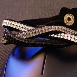 Black Leather Bracelet with Rhinestones